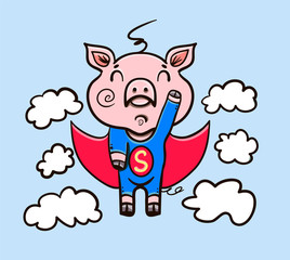 pig superhero flying in the clouds
