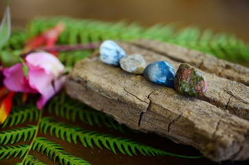 Witches mini crystal set Chrysocolla, Dendritic Agate, Unakite and Ocean Jasper. Small mixture of tumbled crystals. Higher healing bundle on top of fresh ferns, flowers and wood. Crystals and plants