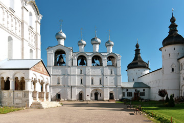 Fototapeta na wymiar Rostov Kremlin. Belfry. Rostov is an ancient Russian city, part of the popular tourist route Golden Ring of Russia 