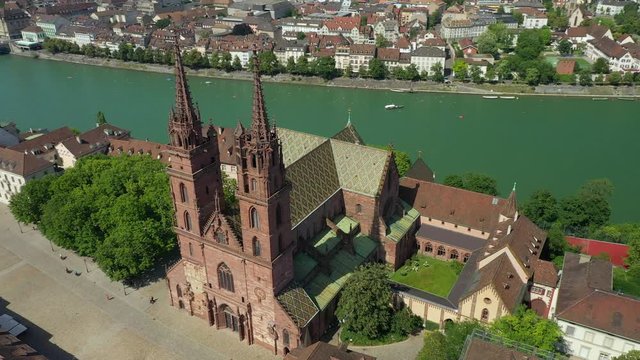 flight over basel city cathedral riverside summer day aerial panorama 4k switzerland