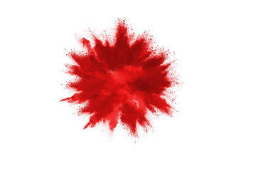 Red powder explosion on white background. Colored cloud. Colorful dust explode. Paint Holi.