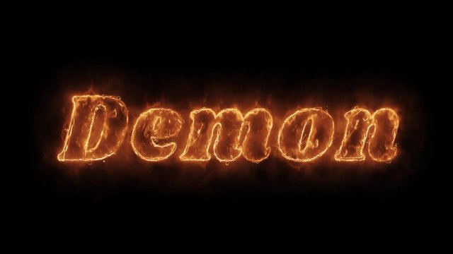 Demon Word Hot Animated Burning Realistic Fire Flame and Smoke Seamlessly loop Animation on Isolated Black Background. Fire Word, Fire Text, Flame word, Flame Text, Burning Word, Burning Text.