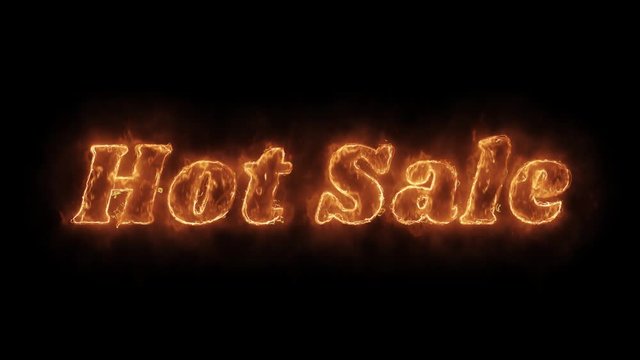 Hot Sale Word Hot Animated Burning Realistic Fire Flame and Smoke Seamlessly loop Animation on Isolated Black Background. Fire Word, Fire Text, Flame word, Flame Text, Burning Word, Burning Text.