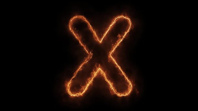 Alphabet X Word Hot Animated Burning Realistic Fire Flame and Smoke Seamlessly loop Animation on Isolated Black Background. Fire Word, Fire Text, Flame word, Flame Text, Burning Word, Burning Text.