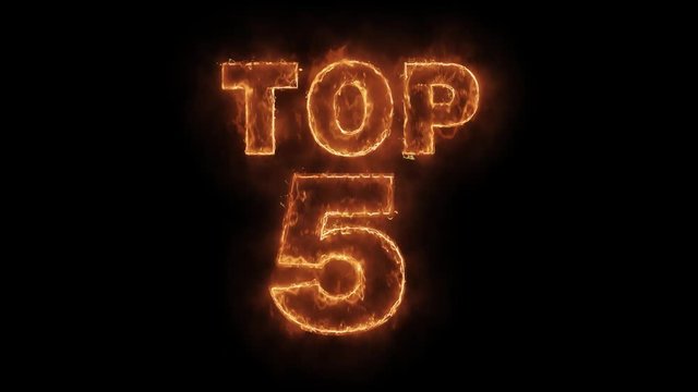 Top 5 Word Hot Animated Burning Realistic Fire Flame and Smoke Seamlessly loop Animation on Isolated Black Background. Fire Word, Fire Text, Flame word, Flame Text, Burning Word, Burning Text.