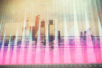 Forex graph hologram with city view from roof background. Double exposure. Financial analysis concept.