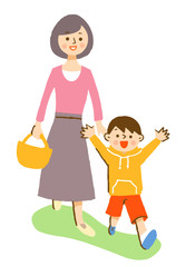 歩くお母さんと男の子