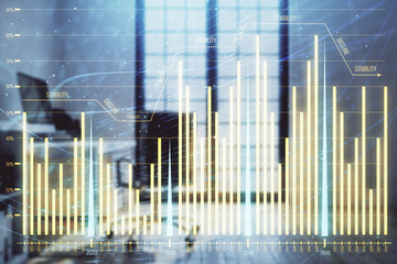 Forex chart hologram with minimalistic cabinet interior background. Double exposure. Stock market concept.