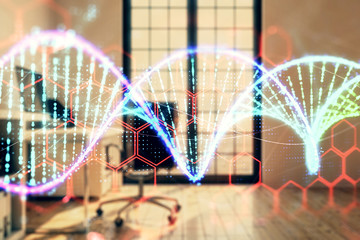DNA hologram with minimalistic cabinet interior background. Double exposure. Education concept.