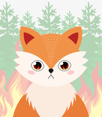 Sad fox with big eyes in which the flame is reflected. Vector illustration on the theme of Wild Fire.
