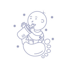 cute baby boy with bottle milk and footprint