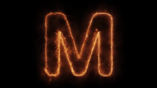 Alphabet M Word Hot Animated Burning Realistic Fire Flame and Smoke Seamlessly loop Animation on Isolated Black Background. Fire Word, Fire Text, Flame word, Flame Text, Burning Word, Burning Text.
