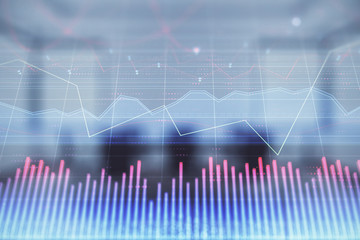 Multi exposure of stock market graph on conference room background. Concept of financial analysis