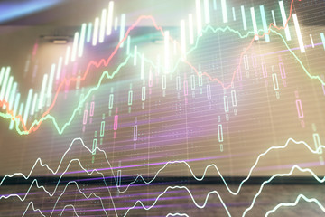 Double exposure of financial graph on empty room interior background. Forex market concept.
