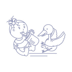 stork and cute baby girl with bottle milk