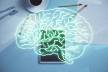 Double exposure of human brain drawing on digital tablet, table background. Concept of data analysis