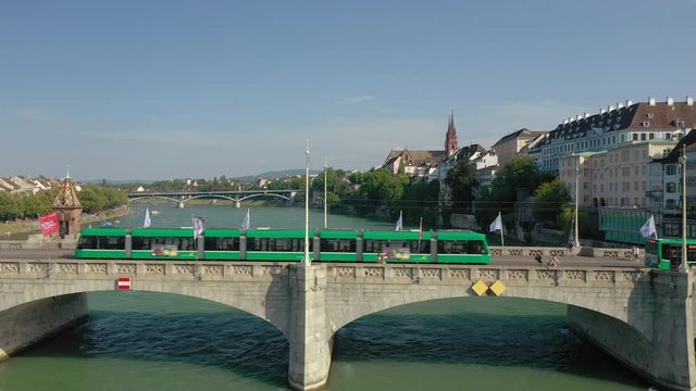 summer day flight over basel city river traffic bridge aerial panorama 4k switzerland