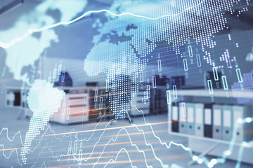 Stock and bond market graph and world map with trading desk bank office interior on background. Multi exposure. Concept of international finance