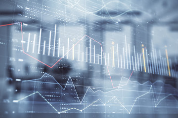 Stock market chart with trading desk bank office interior on background. Double exposure. Concept of financial analysis