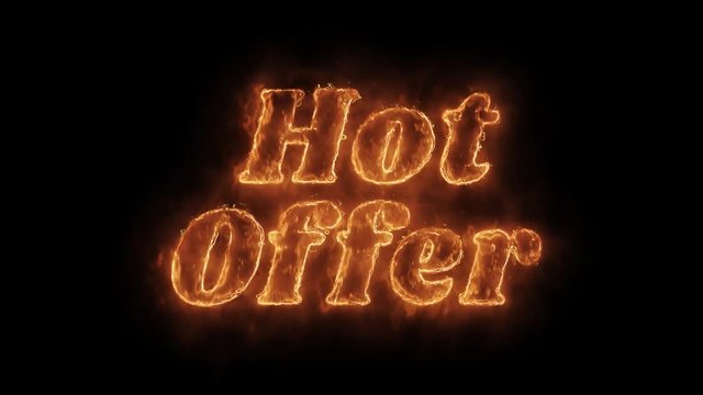 Hot Offer Word Hot Animated Burning Realistic Fire Flame and Smoke Seamlessly loop Animation on Isolated Black Background. Fire Word, Fire Text, Flame word, Flame Text, Burning Word, Burning Text.