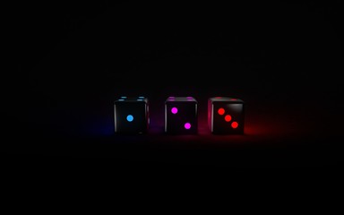 Dices With Futuristic Neon Lights On The Black Backgound - 3D Illustration