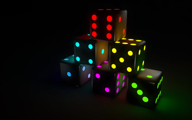 Dices With Futuristic Neon Lights On The Black Backgound - 3D Illustration