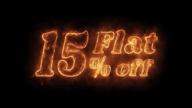 Flat 15% Percent Off Word Hot Animated Burning Realistic Fire Flame and Smoke Seamlessly loop Animation on Isolated Black Background. Fire Word, Fire Text, Flame word, Flame Text, Burning Word