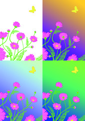 Vector illustration of pink flowers. Set on different backgrounds.
