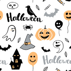 Cute vector seamless pattern with Halloween illustrations