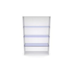 An empty showcase with blue glass shelves. White isolated background