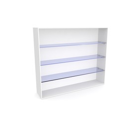 An empty showcase with blue glass shelves. White isolated background