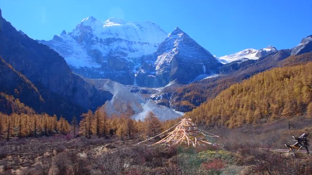 Beautiful view of snow capped Mountain and blue sky in autumn  in Yading Nature Reserve