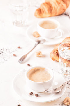 Traditional Breakfast With Fresh Croissants On White Background.