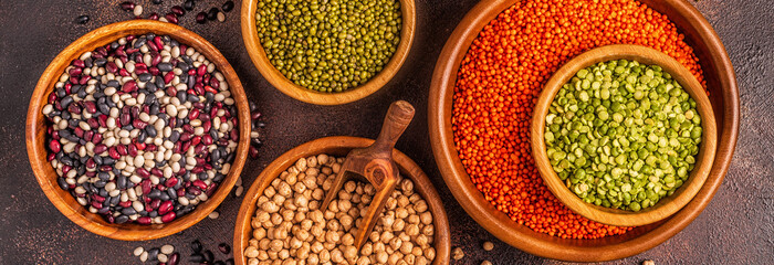 Assortment  of Legumes - lentils, peas, mung, chickpeas and different beans.