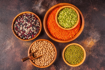 Assortment  of Legumes - lentils, peas, mung, chickpeas and different beans.