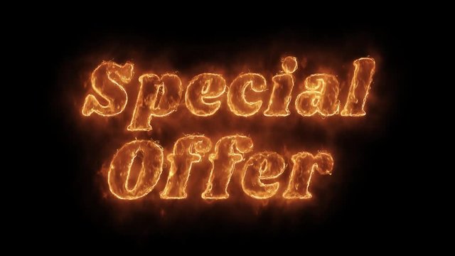 Special Offer Word Hot Animated Burning Realistic Fire Flame and Smoke Seamlessly loop Animation on Isolated Black Background. Fire Word, Fire Text, Flame word, Flame Text, Burning Word, Burning Text.