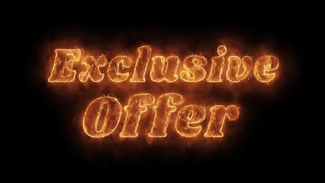 Exclusive Offer Word Hot Animated Burning Realistic Fire Flame and Smoke Seamlessly loop Animation on Isolated Black Background. Fire Word, Fire Text, Flame word, Flame Text, Burning Word, Burning