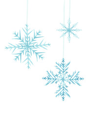 Fototapeta na wymiar Watercolor hand painted winter composition with white blue three different snowflakes hand on a threads isolated on the white background set
