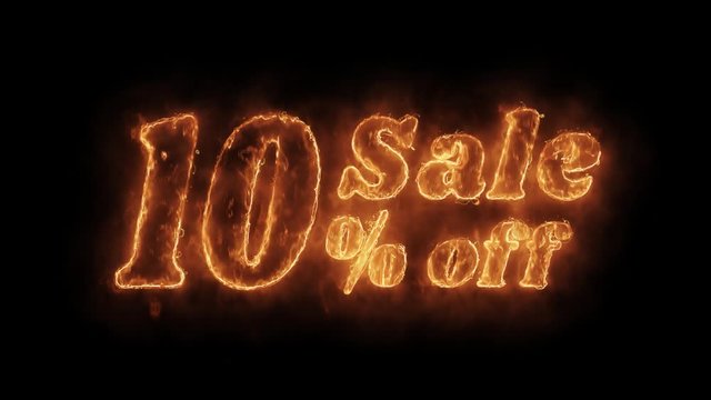 Sale 10% Percent Off Word Hot Animated Burning Realistic Fire Flame and Smoke Seamlessly loop Animation on Isolated Black Background. Fire Word, Fire Text, Flame word, Flame Text, Burning Word