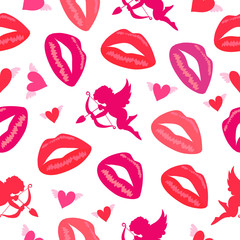 Abstract pattern seamless vector pattern background. Pattern of lips, hearts and an angel. Great for fabric, paper, web banners, wallpapers.