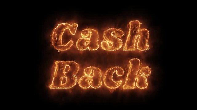Cash Back Word Hot Animated Burning Realistic Fire Flame and Smoke Seamlessly loop Animation on Isolated Black Background. Fire Word, Fire Text, Flame word, Flame Text, Burning Word, Burning Text.
