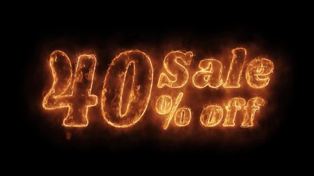 Sale 40% Percent Off Word Hot Animated Burning Realistic Fire Flame and Smoke Seamlessly loop Animation on Isolated Black Background. Fire Word, Fire Text, Flame word, Flame Text, Burning Word