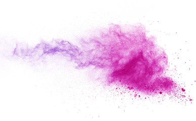 Fototapeta na wymiar Freeze motion of purple color powder exploding on white background.