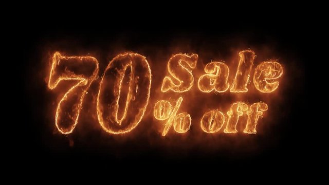 Sale 70% Percent Off Word Hot Animated Burning Realistic Fire Flame and Smoke Seamlessly loop Animation on Isolated Black Background. Fire Word, Fire Text, Flame word, Flame Text, Burning Word