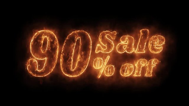 Sale 90% Percent Off Word Hot Animated Burning Realistic Fire Flame and Smoke Seamlessly loop Animation on Isolated Black Background. Fire Word, Fire Text, Flame word, Flame Text, Burning Word