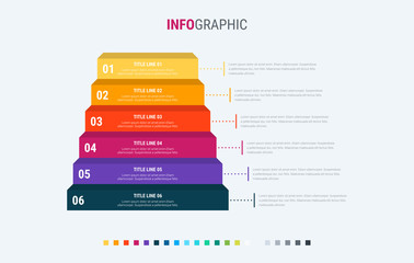Colorful diagram, infographic template. Timeline with 6 options. Stair workflow process for business. Vector design.