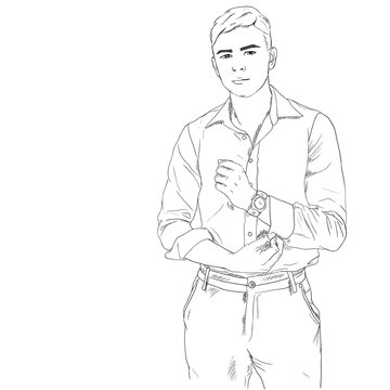 Young adult man hand drawn image, handsome boy, watch accessory
