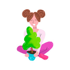 The girl is planting flowers. Protecting the nature. Vector graphics