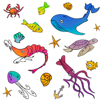 Set of underwater animals in cartoon style