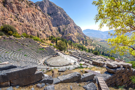 The amphitheater and the temple of Apollo in Delphi, Greece
